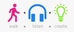 walk.listen.create logo showing title text and icons for each of the three words